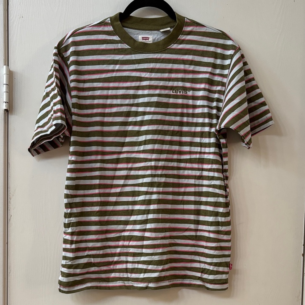 Levi's Men's Olive and Pink Striped Tee